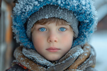 Young Boy Wearing Winter Hat and Scarf. A photo capturing a young boy dressed warmly for winter, wearing a hat and scarf.