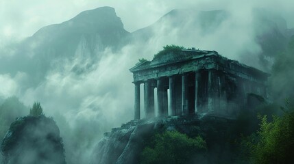 a digital painting of an ancient greek temple in a foggy, foggy, and foggy mountain landscape - obrazy, fototapety, plakaty