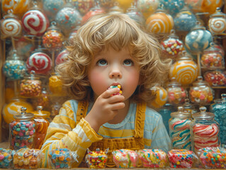 Child Eating Candy Bar Surrounded by Assorted Sweets. A child joyfully consumes a candy bar amidst a vibrant assortment of sugary treats.