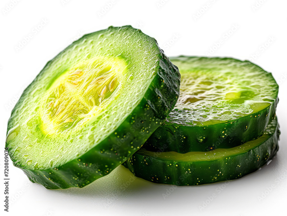 Poster pile of sliced cucumbers arranged neatly in stacked formation. a close-up photo of a pile of fresh c