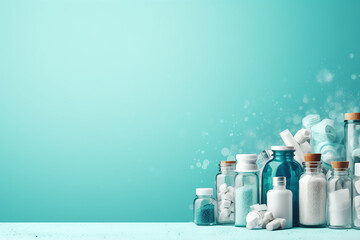 Various bottles and jars filled with pills and tablets on a blue background