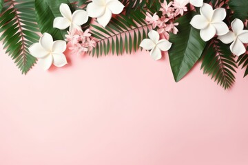 Summer Tropical Composition: Green Tropical Leaves and White Flowers on Pastel Pink Background AI Generated