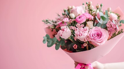 A delicate hand gracefully presents a stunning bouquet of garden roses and artificial flowers in a pink vase, embodying the artistry of floristry and the beauty of ikebana