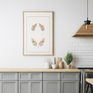 Mock-up tableau suspendu au mur d'une cuisine au dessus d'un meuble de cuisine avec un plan de travail en bois, pot d'ustensiles, pot d'herbe de provence. . 