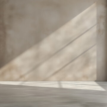 Mur vierge en pl&acirc;tre. Taloch&eacute; cir&eacute; sp&eacute;cialit&eacute; de la d&eacute;coration int&eacute;rieure m&eacute;diterran&eacute;enne, enduit cir&eacute; ocre, lumi&egrave;re diagonale et ombrage en travers de la pi&egrave;ce vide.