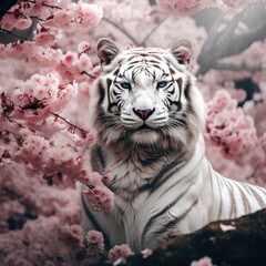 A white tiger against the backdrop of a beautiful sakura garden