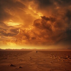 A yellow, orange landscape of a large desert through which a man walks under a cloudy dark sky. A lonely walk on the hot sand