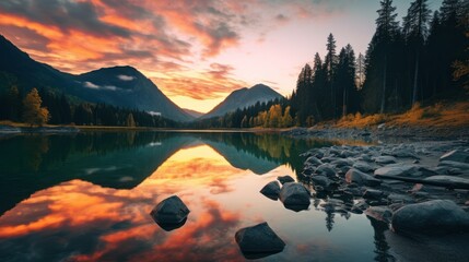 Mountain lake at sunset with reflection in water. Colorful autumn landscape. Generative AI