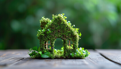 Naklejka premium a green house is made from moss and green leaves on table, in the style of flat composition, wood