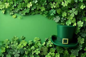 St. Patrick's Day background with leprechaun hat and clover leaves. Generative AI