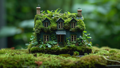 Fototapeta na wymiar a green house is made from moss and green leaves on table, in the style of flat composition, wood