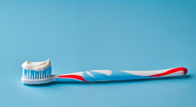 Brosse &agrave; dent avec du dentifrice sur les poils de la t&ecirc;te, sur fond bleu - hygi&egrave;ne dentaire et soin bucco dentaire se brosser les dents
