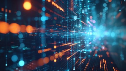 Obraz premium Abstract Virtual Digital Data Space Blue Yellow Purple Green Shiny Vertical Horizontal Binary Digital Number