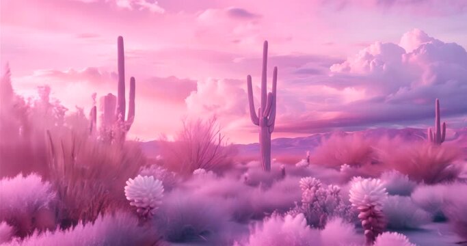surrealist desert, pink and purple sunset with cactus and abstract vegetation, cloudy sky sunrise