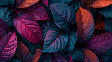 Vibrant colored abstract leaf textures, tropical leaves background. generative ai