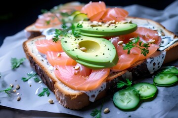 Sandwich with lightly salted salmon and avocado on ice cream