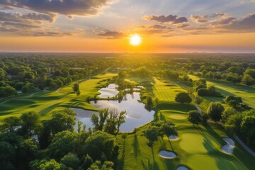 Aerial view of scenic golf course at sunrise - obrazy, fototapety, plakaty