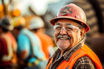 A rugged worker, his weathered face framed by an orange hard hat and safety vest, stands proudly on the street, ready for a day of outdoor labor