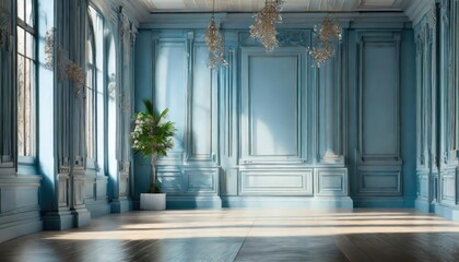 Fototapeta premium Universal minimalistic blue background for presentation. A light blue wall in the interior with beautiful built-in lighting and a smooth floor.