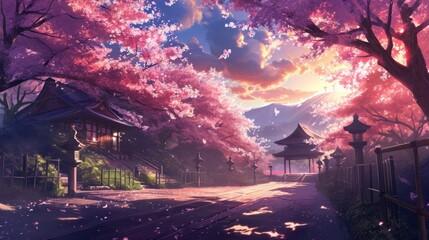Twilight over a garden full of cherry blossoms, with manga-style clouds generative ai