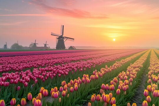 Colorful tulip fields at sunrise with majestic windmills