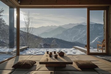 Cozy mountain tea house with panoramic views and hearth