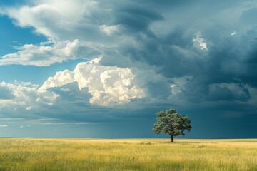 Fototapeta na wymiar Dramatic storm clouds over prairie with lone tree