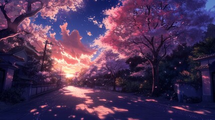 Fototapeta premium Twilight over a garden full of cherry blossoms, with manga-style clouds generative ai