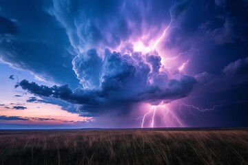Dramatic thunderstorm over high plains with lightning strikes
