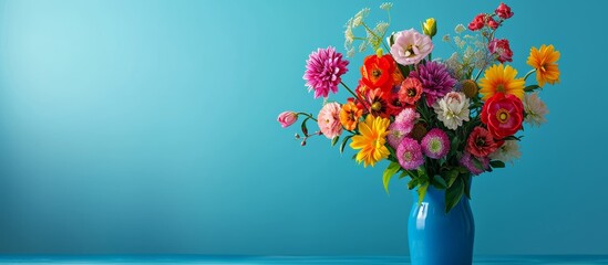 Vibrant Mixed Bouquet of flowers in a Blue Vase on a Stunning Mixed Bouquet of flowers against a Blue Background