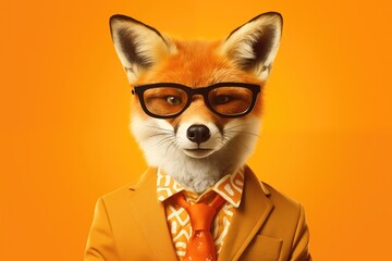 Anthropomorphic fox businessman wearing glasses and stylish orange suit isolated on yellow background