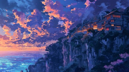 Twilight over a cliffside town, with manga style clouds generative ai