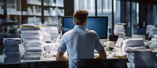 back view of stressed businessman with stack of files desk - obrazy, fototapety, plakaty