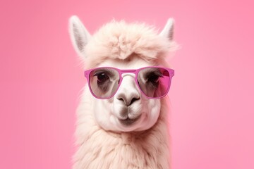 Funny llama wearing trendy pink sunglasses, isolated on pink background