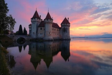 Obraz premium Historic european castle with moat at twilight