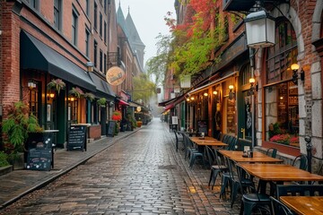 Historic downtown street with cobblestone and cafes