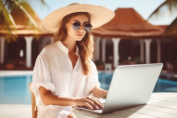 Stylish woman working on a laptop by a poolside, wearing sunglasses at tropical resort