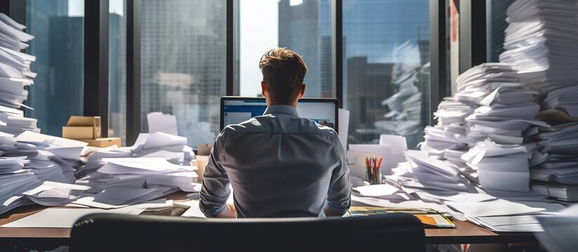 back view of stressed businessman with stack of files desk