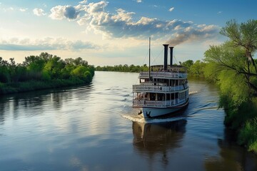 Historic steamboat cruise along a meandering river - obrazy, fototapety, plakaty