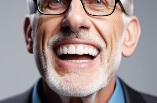 Close-up cropped image of an adult bearded man wearing vision glasses. A man with dentures smiles. Perfect smile. Whitening, dental care, oral healthcare, dentistry advertisement concept. Generated AI