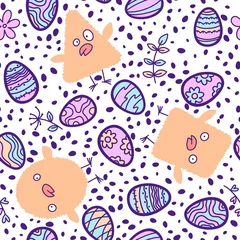 Zelfklevend Fotobehang Easter eggs and chicken seamless spring party pattern for wrapping paper and fabrics and linens and kids © Tetiana