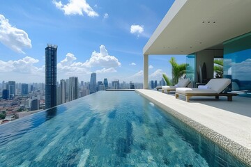 Luxurious infinity edge pool overlooking city skyline