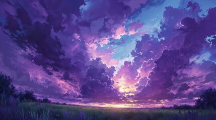Twilights over a quiet meadow with vibrant violet and blue tones. manga style generative ai - obrazy, fototapety, plakaty