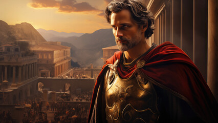 Portrait of stoic Roman emperor in detailed armor surveys his empire, with the expansive cityscape of Ancient Rome stretching into the horizon behind him - obrazy, fototapety, plakaty