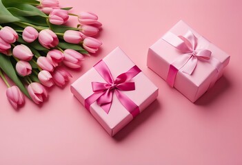  pink photo background stylish bow ribbon concept Top copyspace pastel bouquet isolated giftbox pink view Mother's tulips