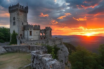 Majestic castle on hilltop with panoramic sunset view