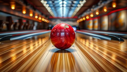 A skilled bowler carefully aims their bowling ball down the lane, determined to knock down all ten pins and achieve the perfect strike - obrazy, fototapety, plakaty