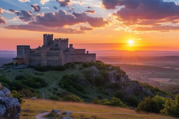 Obraz premium Majestic castle on hilltop with panoramic sunset view