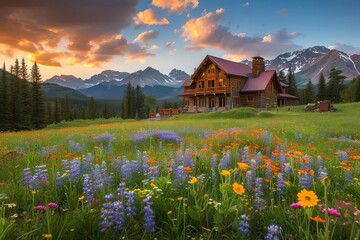 Majestic mountain lodge at sunrise with alpine wildflowers