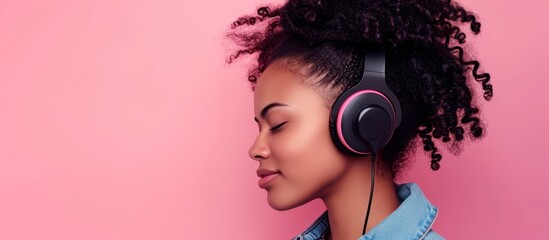 Obraz premium Captivating Young Woman Listening to Music on Pink Background - A Vibrant Image of a Young Woman Engrossed in Music on a Beautiful Pink Background